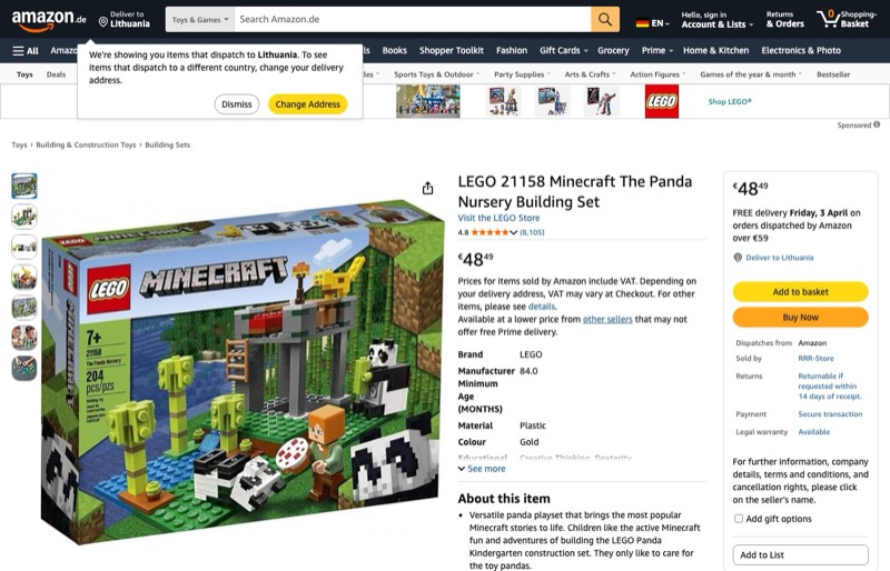 LEGO Minecraft Der Panda-Kindergarten 21158 kaina Amazon.de — 48,49 €