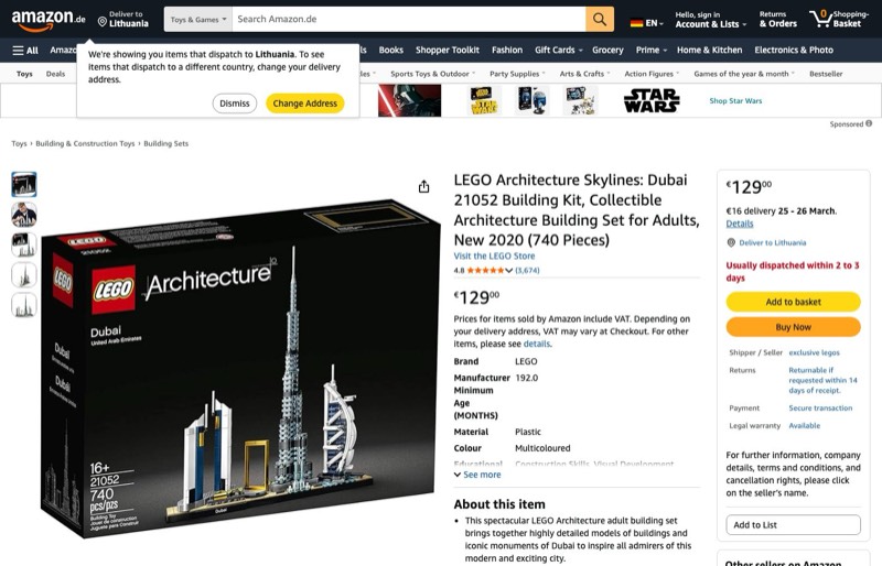 LEGO Architecture Skylines: Dubai 21052 kaina Amazon.de — 129,00 €