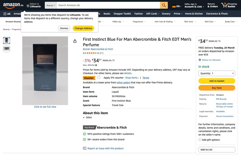 Abercrombie & Fitch First Instinct Blue EDT 50 ml kaina Amazon.de — 34,51 €