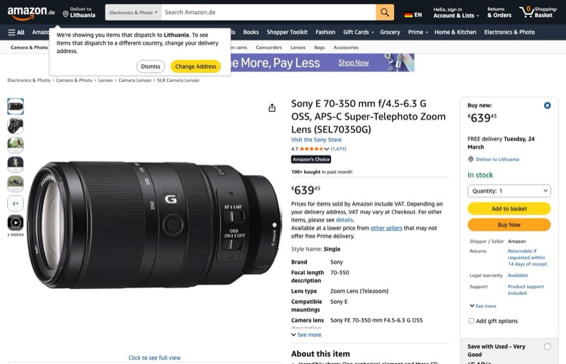 Sony SEL70350G kaina Amazon.de — 639,45 €