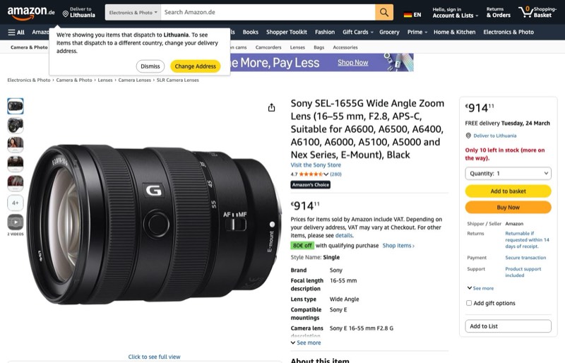 Sony SEL1655G kaina Amazon.de — 914,11 €