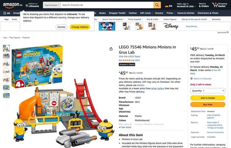LEGO Minions in Gru's Lab 75546 kaina Amazon.de — 45,65 €