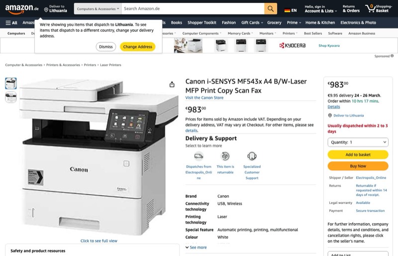 Canon i-SENSYS MF543x A4 S/W-Laser MFP Drucken Kopieren kaina Amazon.de — 983,00 €