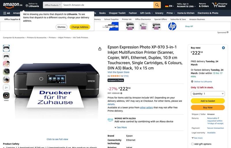Epson Expression XP-970 kaina Amazon.de — 222,58 €
