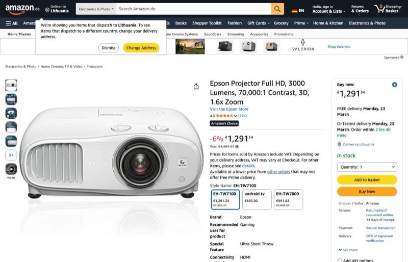 Epson EH-TW7100 4K PRO-UHD Projector kaina Amazon.de — 1291,34 €