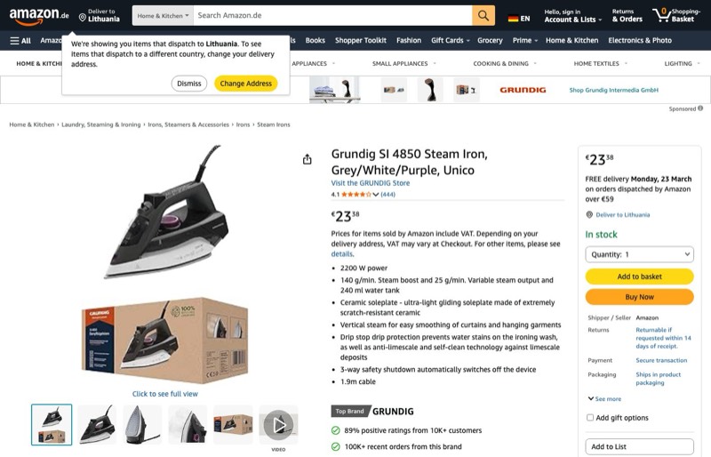 Grundig SI 4850 Steam Iron kaina Amazon.de — 23,58 €