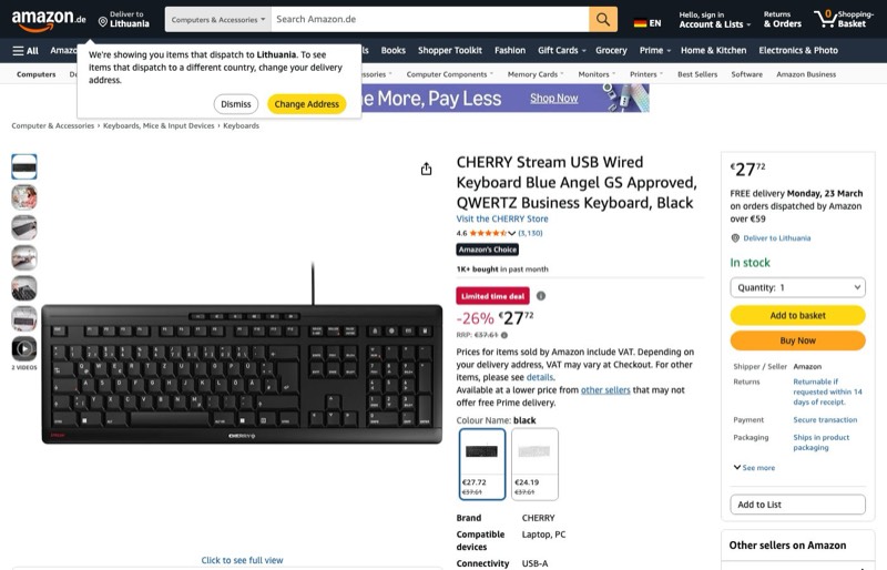 CHERRY Stream Keyboard kaina Amazon.de — 27,72 €