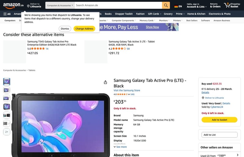 Samsung Galaxy Tab Active Pro kaina Amazon.de — 203,35 €
