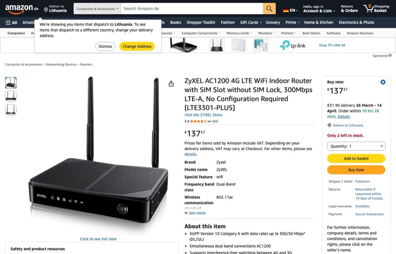 ZyXEL AC1200 LTE-WLAN-Indoor-Router SIM-Slot SIM-Lock kaina Amazon.de — 137,57 €