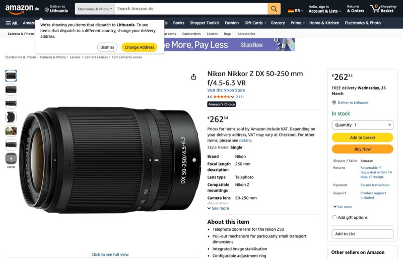 Nikon Nikkor Z DX 50-250mm f/4.5-6.3 VR kaina Amazon.de — 262,34 €