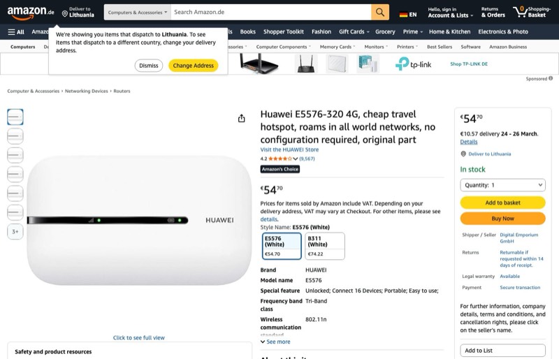 Huawei WLAN E5576-320 kaina Amazon.de — 54,70 €