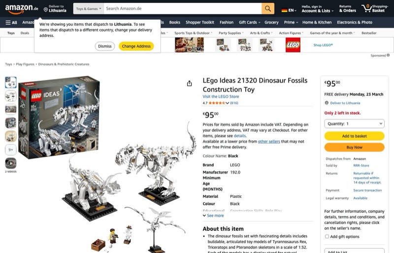LEGO Ideas Dinosaur Fossils 21320 kaina Amazon.de — 95,00 €
