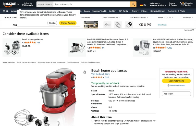 Bosch OptiMUM MUM9A66R00 kaina Amazon.de — 395,54 €