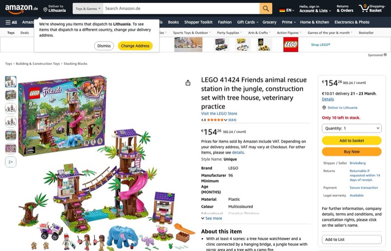 LEGO Friends 41424 kaina Amazon.de — 154,26 €