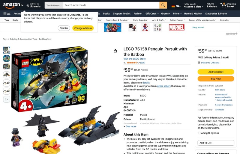 LEGO Super Heroes Verfolgung des Pinguins 76158 kaina Amazon.de — 59,98 €