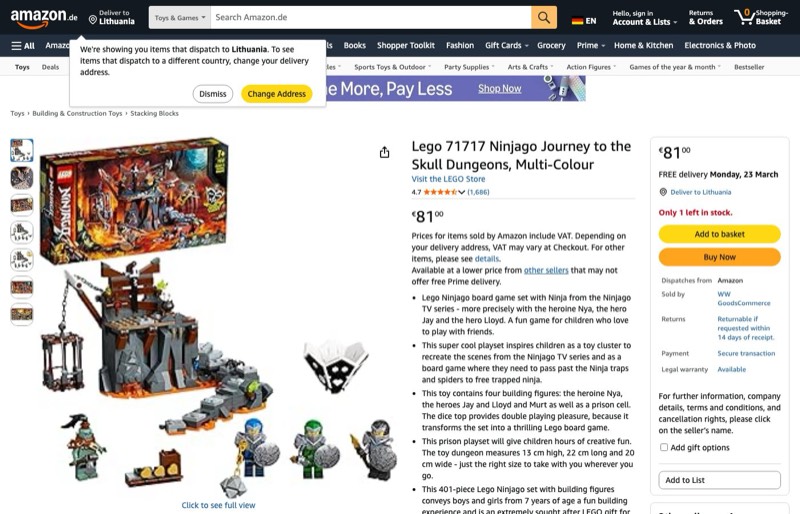 LEGO Ninjago Skull Dungeons 71717 kaina Amazon.de — 81,00 €
