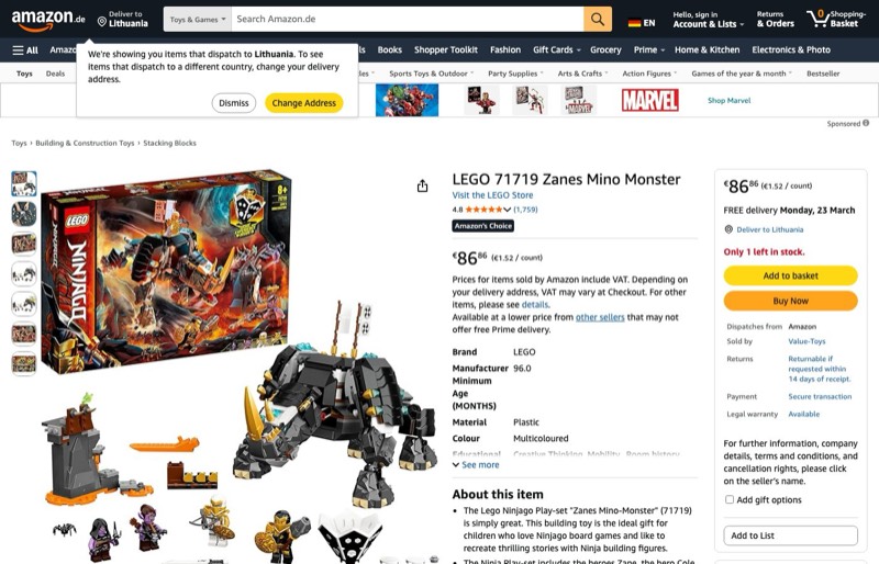 LEGO Ninjago Zane's Mino Monster 71719 kaina Amazon.de — 86,86 €