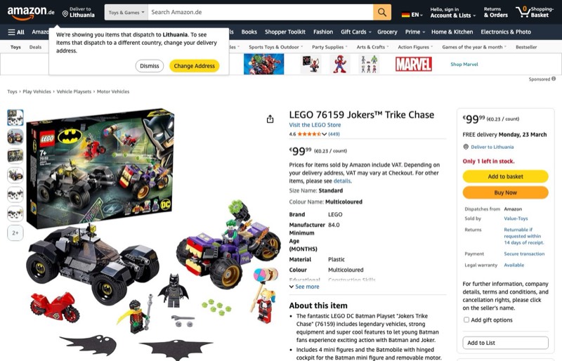 LEGO Super Heroes Joker's Trike Chase 76159 kaina Amazon.de — 99,99 €