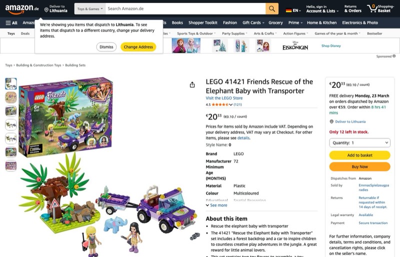 LEGO Friends Elephant Rescue 41421 kaina Amazon.de — 20,33 €