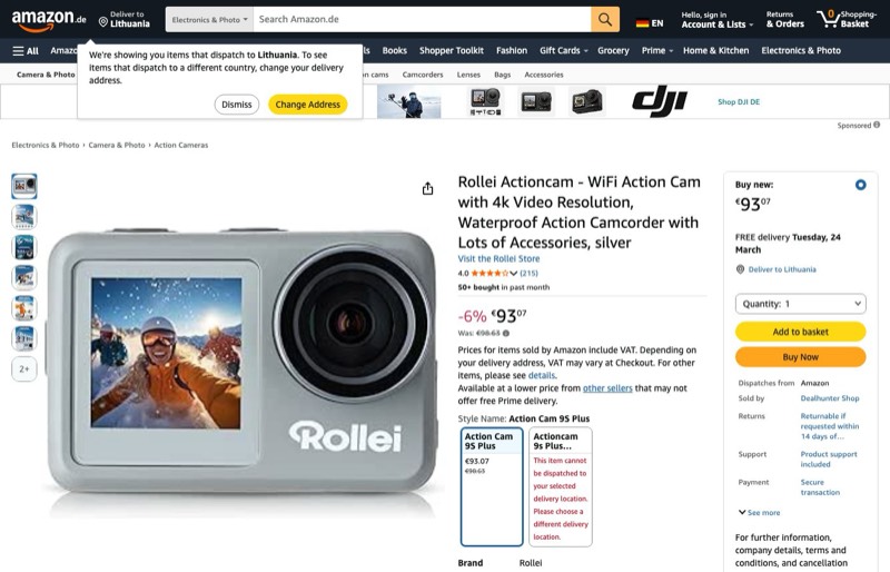 Rollei Actioncam 9S Plus kaina Amazon.de — 93,07 €