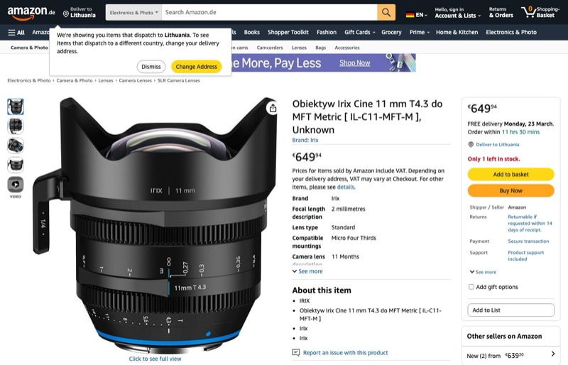 Obiektyw Irix Cine 11mm T4.3 do MFT Metric [ IL-C11-MFT-M ] kaina Amazon.de — 649,94 €