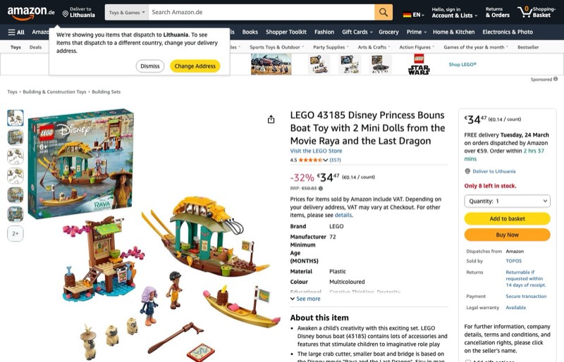 LEGO Disney 43185 kaina Amazon.de — 34,47 €