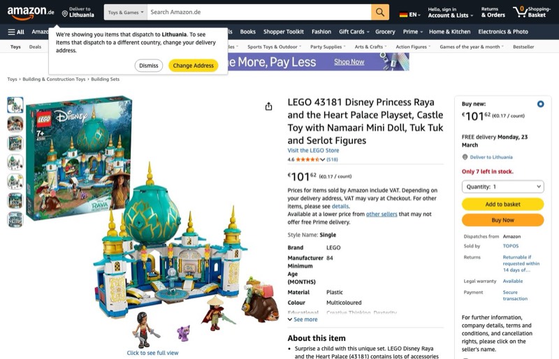 LEGO Princess 43181 kaina Amazon.de — 101,62 €