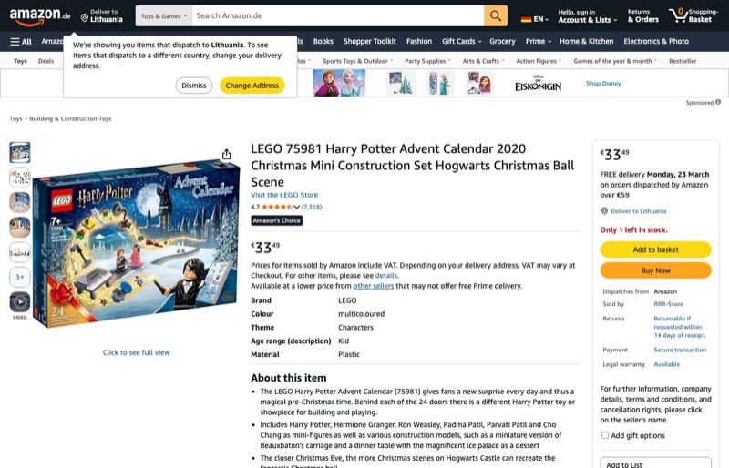 LEGO Harry Potter Adventskalender 75981 kaina Amazon.de — 33,49 €