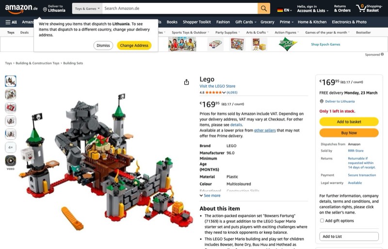 LEGO Super Mario Bowsers Festung 71369 kaina Amazon.de — 169,95 €