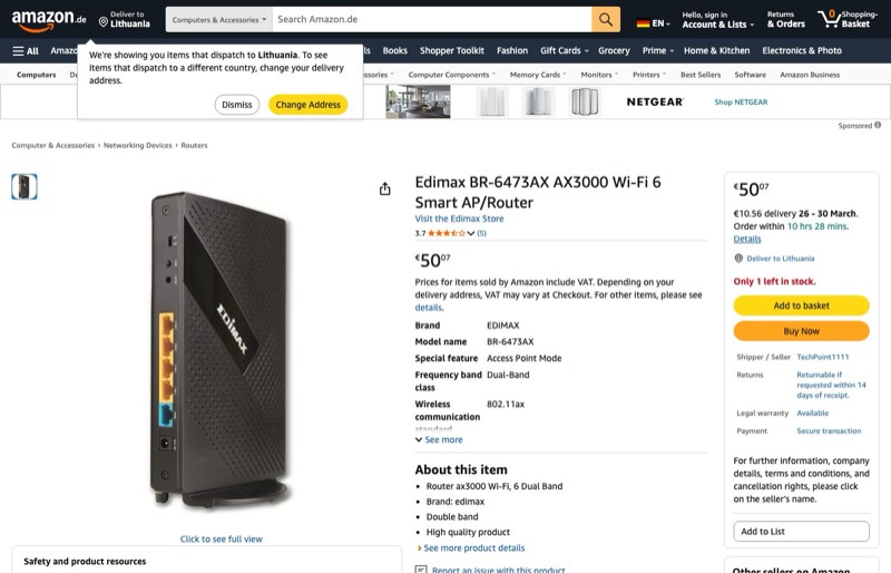 Edimax BR-6473AX kaina Amazon.de — 50,07 €