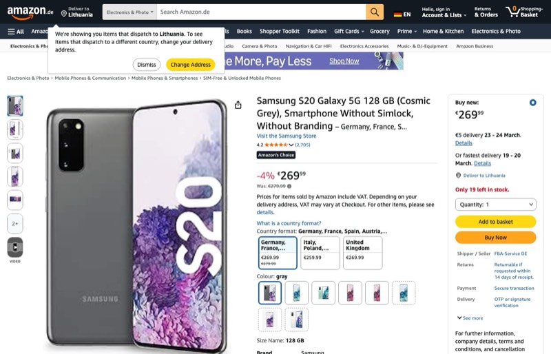 Samsung Galaxy S20 128 GB Simlock kaina Amazon.de — 269,99 €