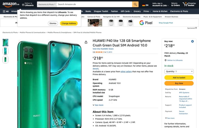 Huawei P40 lite 128GB Crush Green Dual-SIM Android 10.0 kaina Amazon.de — 218,60 €