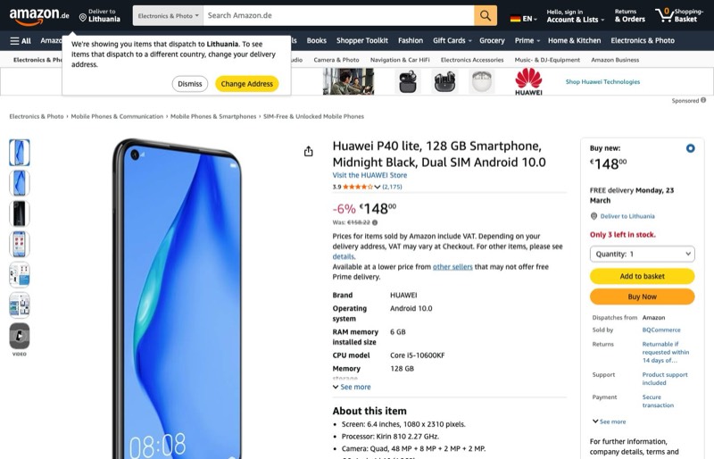 Huawei P40 lite 128GB Dual SIM kaina Amazon.de — 148,00 €
