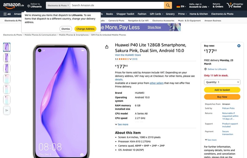 Huawei P40 Lite 128GB Midnight Black kaina Amazon.de — 177,83 €