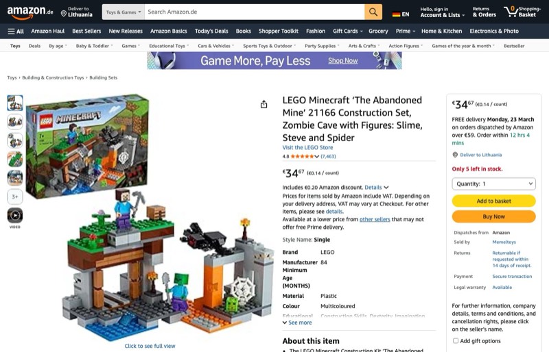 LEGO Minecraft Abandoned Mine 21166 kaina Amazon.de — 34,67 €