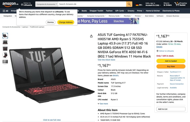 ASUS TUF Gaming A17 FA707NU-HX051W AMD Ryzen™ 5 7535HS 43 kaina Amazon.de — 1167,55 €