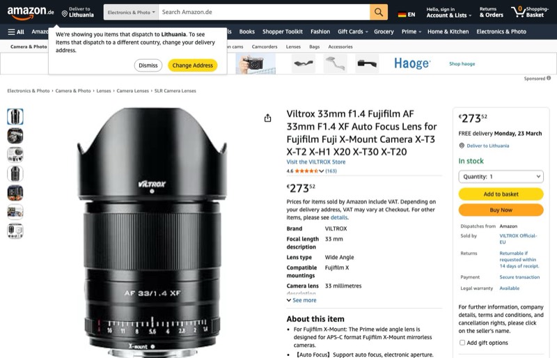 Viltrox 33mm f1.4 Fujifilm AF 33 mm F1.4 XF kaina Amazon.de — 273,52 €