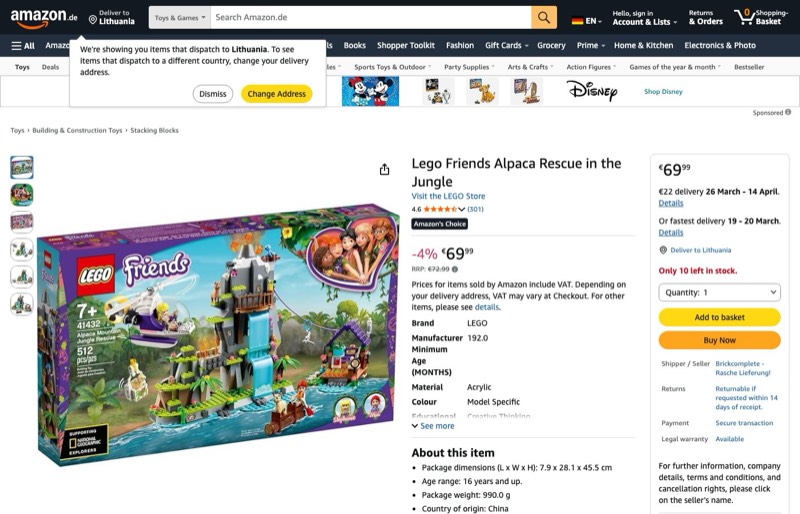 LEGO Friends Alpaca Rescue 41432 kaina Amazon.de — 69,99 €