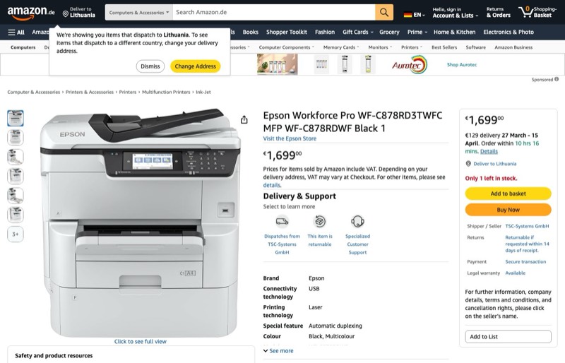 Epson Workforce Pro WF-C878RD3TWFC MFP WF-C878RDWF 1 kaina Amazon.de — 1699,00 €