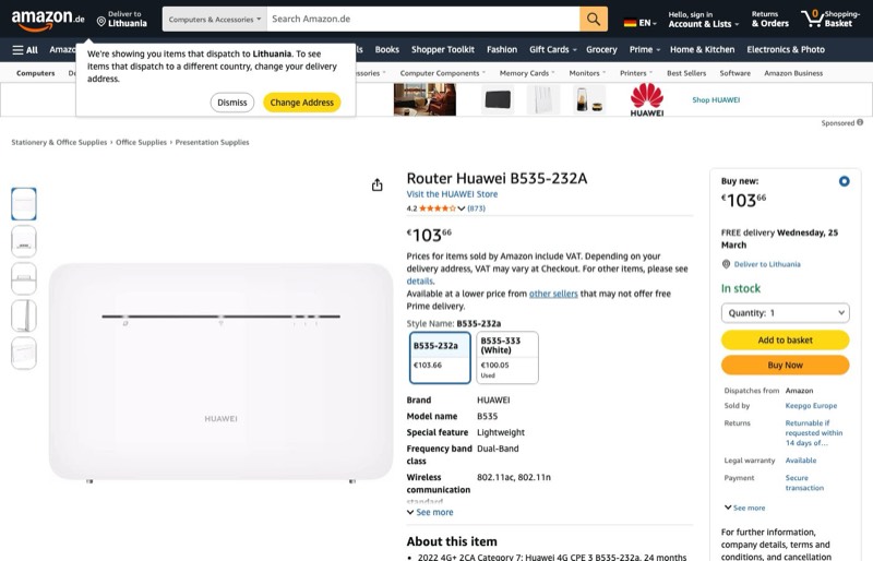 Router Huawei B535-232A kaina Amazon.de — 103,66 €