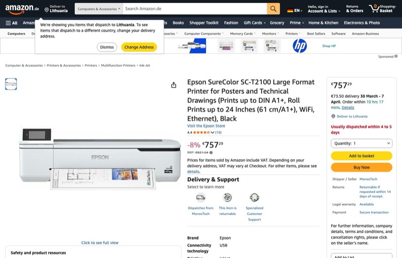 Epson SureColor SC-T2100 Tinten-Großformatdrucker Poster kaina Amazon.de — 757,29 €