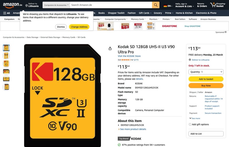 Kodak SD 128GB UHS-II U3 V90 Ultra Pro kaina Amazon.de — 113,64 €