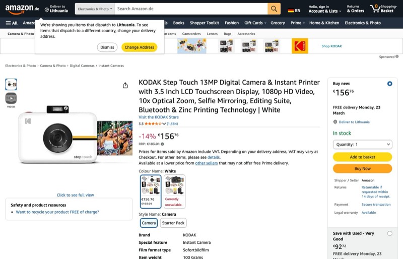 KODAK Step Touch Instant Camera kaina Amazon.de — 156,76 €