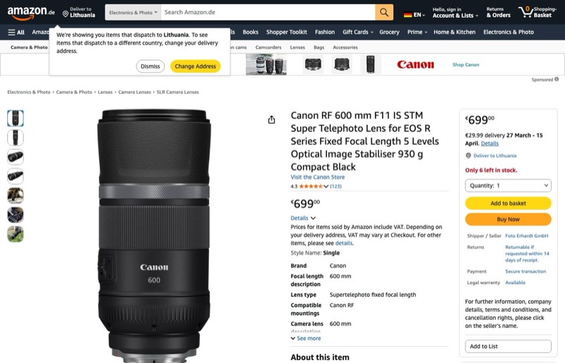 Canon Objektiv RF 600mm F11 IS STM kaina Amazon.de — 699,00 €