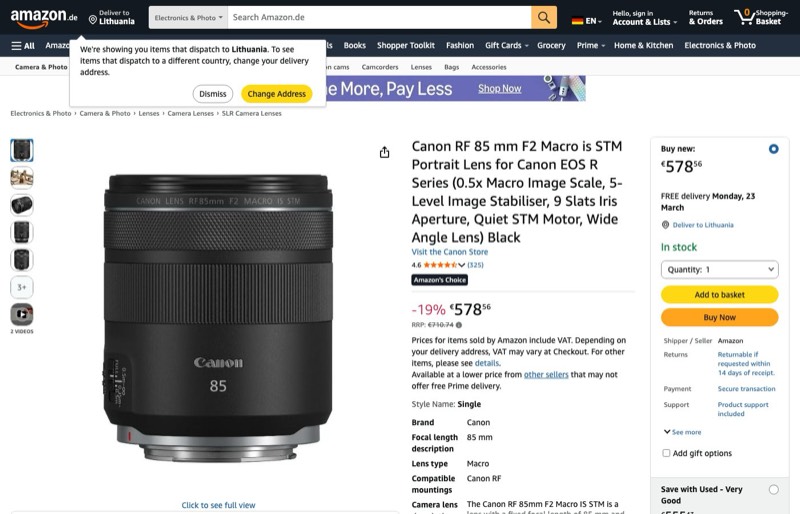 Canon RF 85mm F2 Makro is STM Porträtobjektiv Canon EOS R kaina Amazon.de — 578,56 €