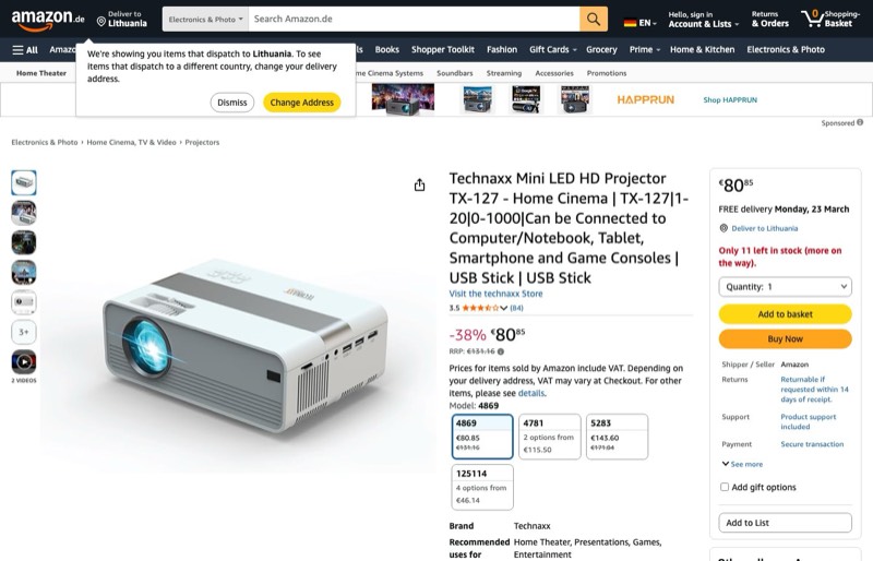 Technaxx TX-127 Mini LED Projector kaina Amazon.de — 80,85 €