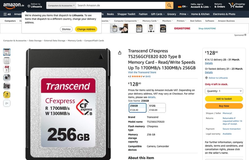 Transcend CFexpress 820 Type B-Speicherkarte TS256GCFE820 kaina Amazon.de — 128,40 €