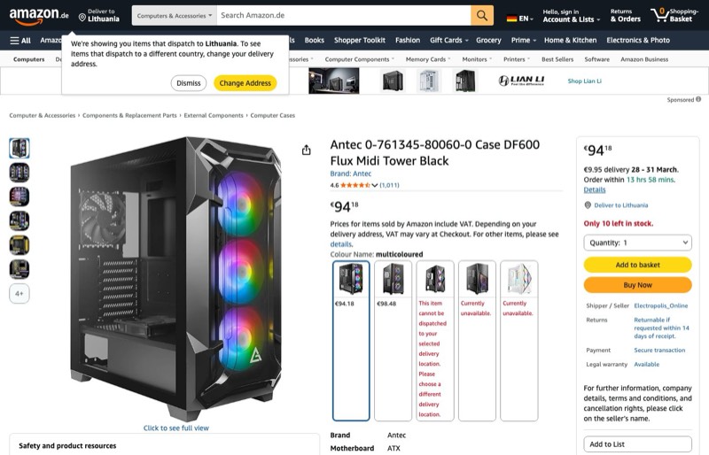 Antec 0-761345-80060-0 Gehäuse DF600 Flux Midi Tower kaina Amazon.de — 94,18 €