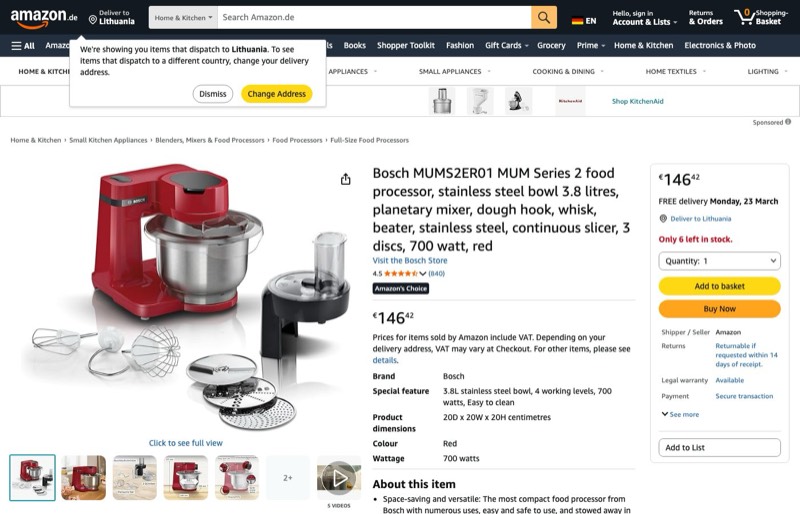 Bosch Küchenmaschine Serie 2 MUMS2EW40 kaina Amazon.de — 146,42 €