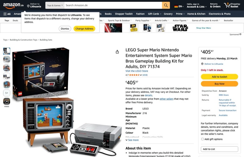 LEGO Super Mario Nintendo Entertainment System Super Mario Bros Gameplay- 71374 kaina Amazon.de — 405,97 €